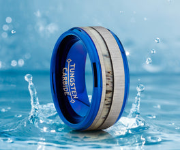 Men's Tungsten Carbide Blue Wedding Band Ring Real Deer Antler Inlay Comfort Fit 9mm