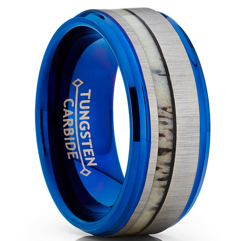 Men's Tungsten Carbide Blue Wedding Band Ring Real Deer Antler Inlay Comfort Fit 9mm