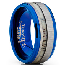 Men's Tungsten Carbide Blue Wedding Band Ring Real Deer Antler Inlay Comfort Fit 9mm