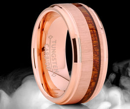 Men's Tungsten Carbide Rose Tone Plated Wedding Band Ring Real Koa Wood Comfort Fit