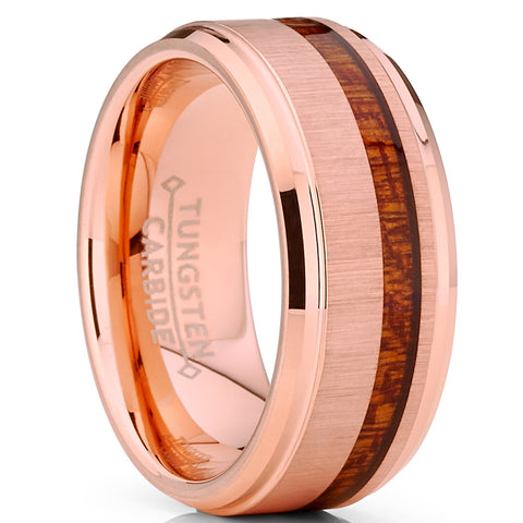 Men's Tungsten Carbide Rose Tone Plated Wedding Band Ring Real Koa Wood Comfort Fit