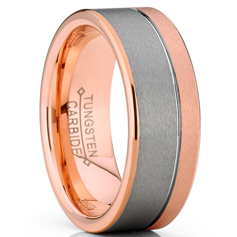 Men's Duo Tungsten Carbide Wedding Band Rose Gold Tone Pipe Cut Ring Comfort Fit 8mm