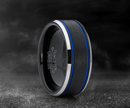 Men's Tungsten Carbide Black and Blue Textured Wedding Band Ring Comfort Fit 8mm