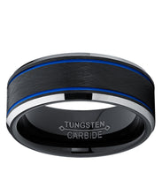 Men's Tungsten Carbide Black and Blue Textured Wedding Band Ring Comfort Fit 8mm