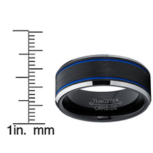 Men's Tungsten Carbide Black and Blue Textured Wedding Band Ring Comfort Fit 8mm