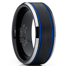 Men's Tungsten Carbide Black and Blue Textured Wedding Band Ring Comfort Fit 8mm