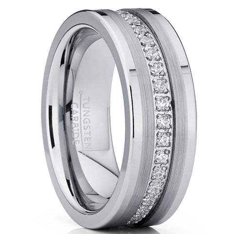 Men's Tungsten Wedding Band Eternity Ring Cubic Zirconia Silver 8MM