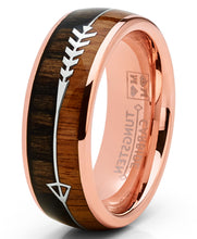 Men's Tungsten Carbide Rose Goldtone Arrow Wedding Band Hunting Ring Koa Wood Inlay