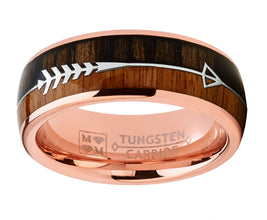 Men's Tungsten Carbide Rose Goldtone Arrow Wedding Band Hunting Ring Koa Wood Inlay
