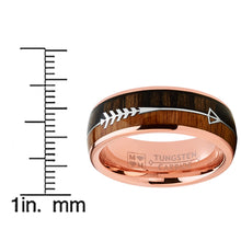 Men's Tungsten Carbide Rose Goldtone Arrow Wedding Band Hunting Ring Koa Wood Inlay