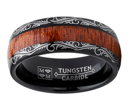Men's Black Tungsten Carbide Wedding Band Koa Wood Inlay floral design engagement ring