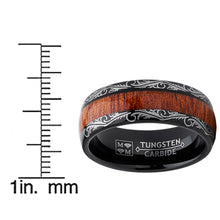 Men's Black Tungsten Carbide Wedding Band Koa Wood Inlay floral design engagement ring