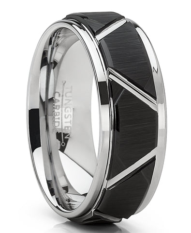 Men's Tungsten Carbide Wedding Ring 8mm Black Faceted Band Comfort Fit