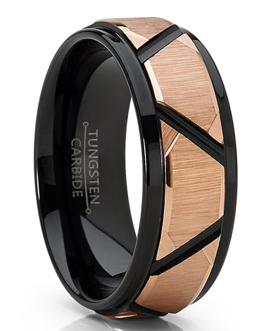 Men's Tungsten Carbide Wedding Ring Black and Rose Goldtone Faceted Band 8mm