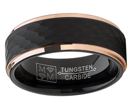 Men's Tungsten Carbide Wedding Ring Black and Rose Goldtone Hammered Band