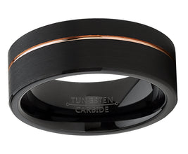 Men's Black Tungsten Carbide Ring Wedding Band with Rose Goldtone Groove 8mm