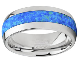 Men's Tungsten Carbide Wedding Band Dome Ring with Blue Green Simulated Opal Inlay 8mm