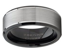 Men's Tungsten Carbide Wedding Band Flat Top Brushed Two Tone Black Ring 8mm