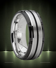 Men's Tungsten Carbide Wedding Band Flat Top Brushed Two Tone Black Ring 8mm