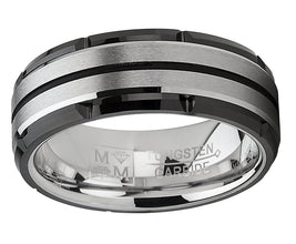 Men's Tungsten Carbide Wedding Band Flat Top Brushed Two Tone Black Ring 8mm