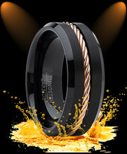 Men's Black Tungsten Carbide Wedding Band Ring Rose Gold Tone Steel Cable Inlay