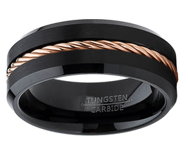 Men's Black Tungsten Carbide Wedding Band Ring Rose Gold Tone Steel Cable Inlay