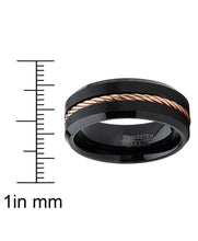 Men's Black Tungsten Carbide Wedding Band Ring Rose Gold Tone Steel Cable Inlay