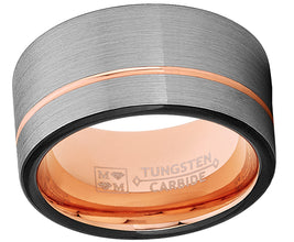 Tungsten Wedding Band Ring 12mm for Men Black & Rose Goldtone Pipe Cut