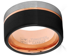 Tungsten Wedding Band Ring 12mm for Men Black & Rose Goldtone Pipe Cut
