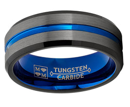 Tungsten Wedding Band Grooved Ring 8mm for Men's Blue Black Gunmetal