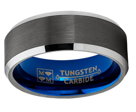 Tungsten Wedding Band Ring 8mm for Men's Blue and Gunmetal