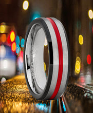Tungsten Wedding Band Grooved Ring 6mm for Men's Black and Red