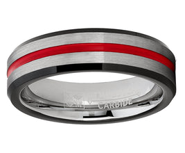Tungsten Wedding Band Grooved Ring 6mm for Men's Black and Red