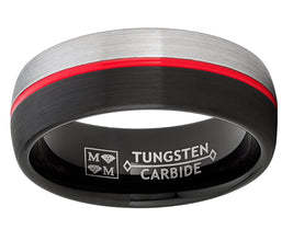 Tungsten Wedding Band Grooved Dome Ring 8mm Men's Black and Red