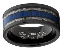 Mens Tungsten Wedding Band Ring Carbon Fiber Blue Wood Inlay 9MM Comfort-Fit