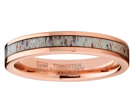 Women's Unisex Rose Gold Tone Tungsten Wedding Engagement Ring Deer Antler Inlay 4mm