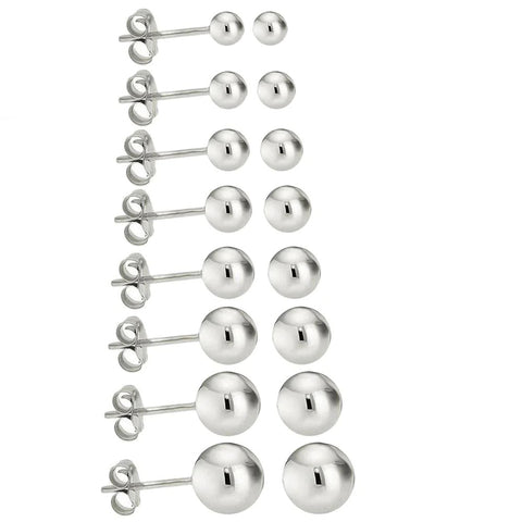 14K Solid White Gold Round Ball Stud Earrings Pushback