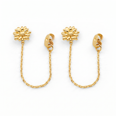 Metal Masters 14K Gold Plated Chained Daisy Stud Earrings Floral Chain Loop