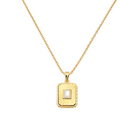 Metal Masters 14K Gold Plated Fluted Mother of Pearl Dog Tag Necklace for Women, Dainty Pendant Adjustable 16 to 18 Inch Chain