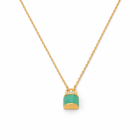 Metal Masters Dainty 14K Gold Plated Padlock Green Turquoise Pendant Necklace, Adjustable 16 to 18 Inch Chain