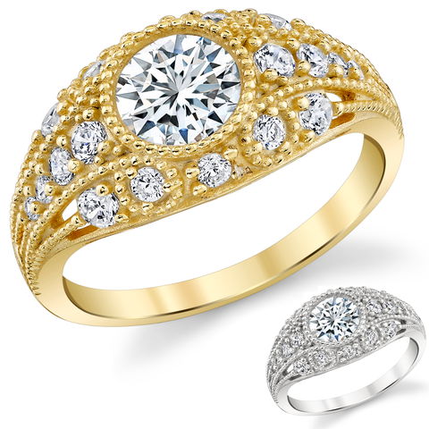 Metal Masters Womens 1.75 CTW Moissanite Vintage Engagement Band Ring 18K Gold Plated VVS D-Color Edwardian Milgrain Contoured