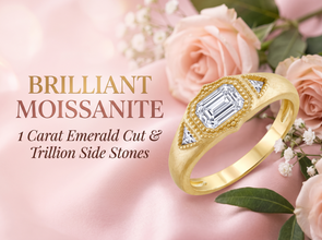 Metal Masters Womens 1 Carat Emerald Moissanite Vintage Edwardian 18K Gold Plated Ring Dainty Trillion Frosted