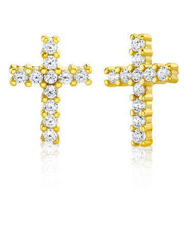 925 Sterling Silver Cross Stud Earrings Goldtone Round CZ Cubic Zirconia