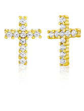 925 Sterling Silver Cross Stud Earrings Goldtone Round CZ Cubic Zirconia