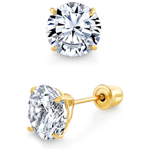 14K Solid Gold Round Stud Earrings Screwback Cubic Zirconia CZ