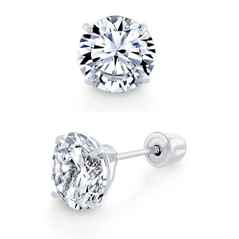 14K White Gold Round Stud Earrings Screwback Cubic Zirconia CZ