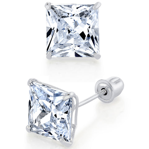 14K White Gold Stud Earrings Princess Screwback Cubic Zirconia CZ