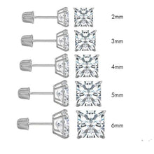 14K White Gold Stud Earrings Princess Screwback Cubic Zirconia CZ