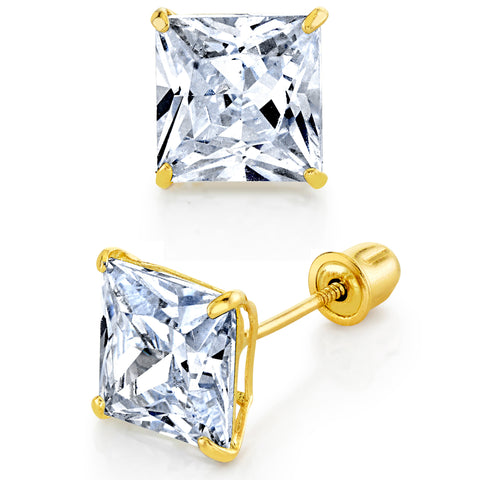 14K Gold Stud Earrings Princess Screwback Cubic Zirconia CZ