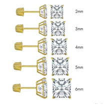 14K Gold Stud Earrings Princess Screwback Cubic Zirconia CZ